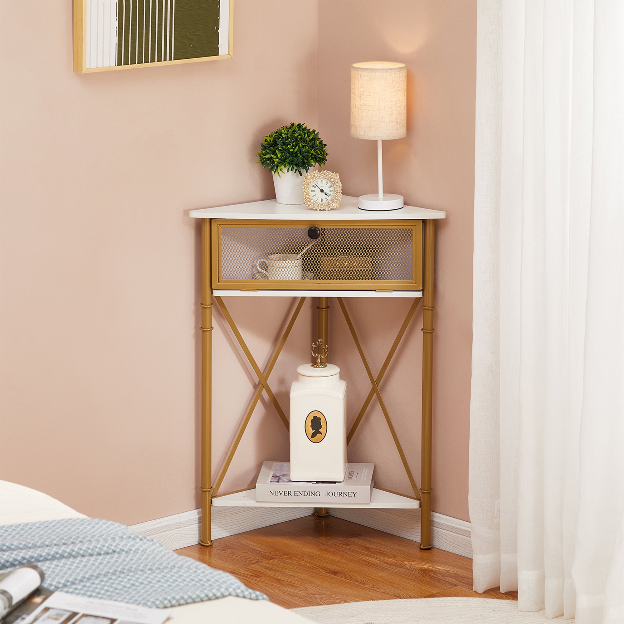 VECELO Corner Storage Cabinet with Flip Drawer and Shelf, Triangle X-Shaped Freestanding Floor Cabinet, White + Gold Frame