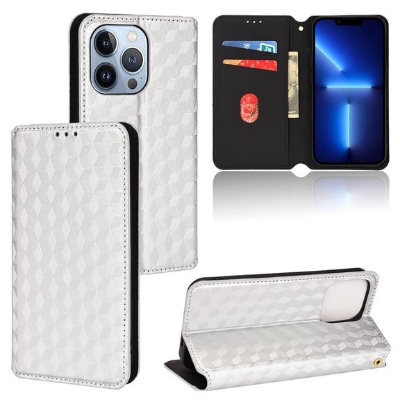 Flip Wallet Case for iPhone 14 Pro, Plating PU Leather with RFID Blocking Credit Card & Cash Slot Kickstand Magnetic Closure Full Protective Phone Cover Women Men for iPhone 14 Pro, Silver