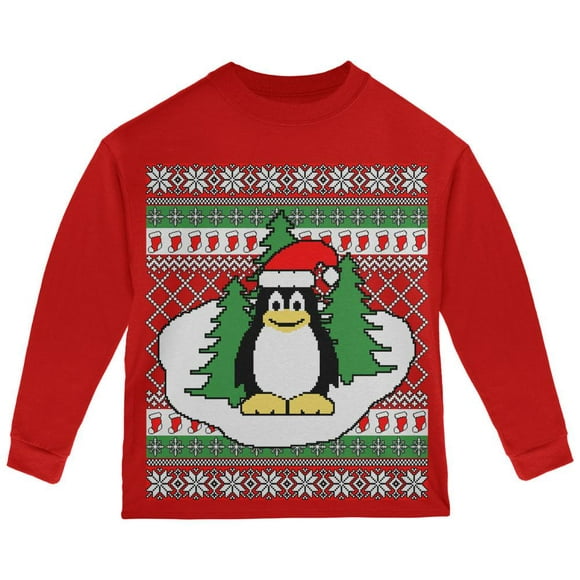 Pingouin sur la Glace Laid Chandail de Noël Enfant en Bas Âge à Manches Longues T-Shirt