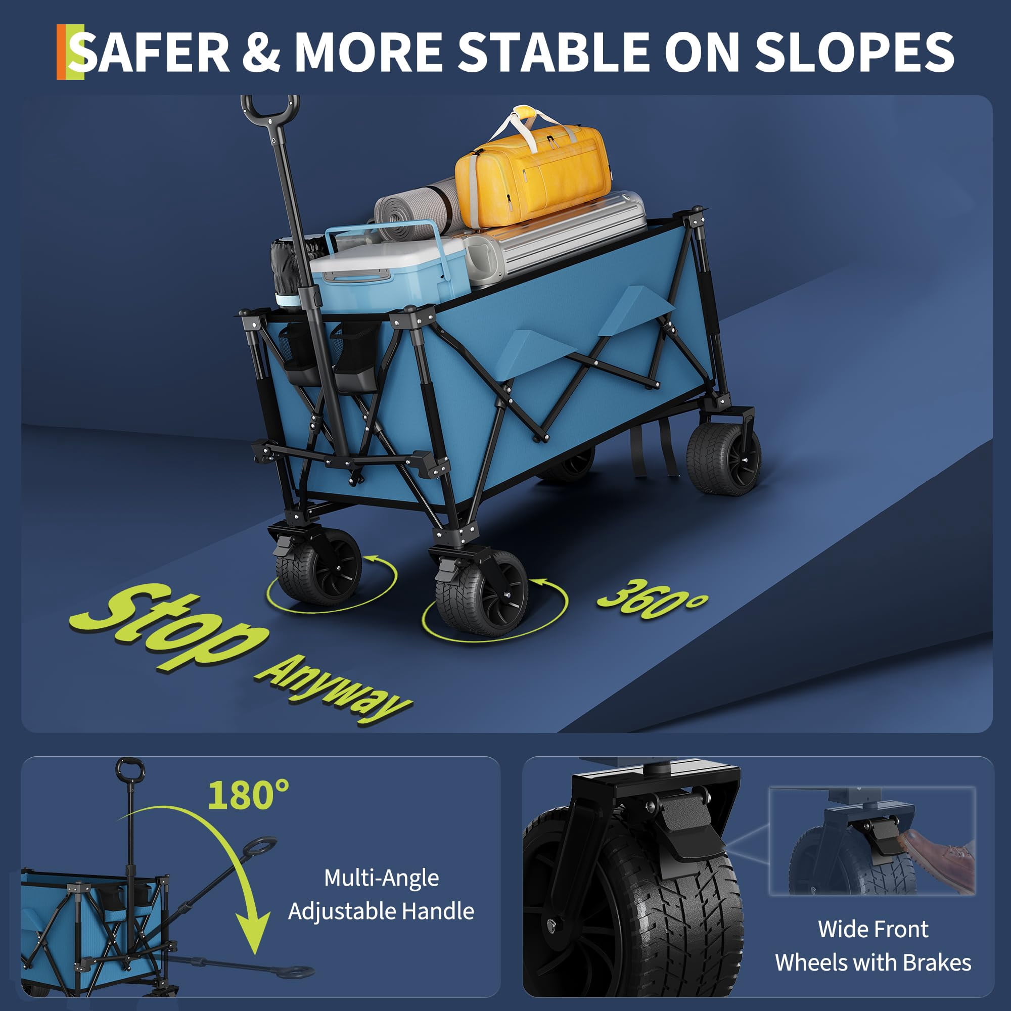 Soonbuy 35" Outdoor Heavy Duty Foldable Wagon for Beach, Large Collapsible Camping Wagon, All Terrain Beach Wagons Extended with Cup Holders for Sand, Garden, Patio, Backyard, Black/Blue/Red