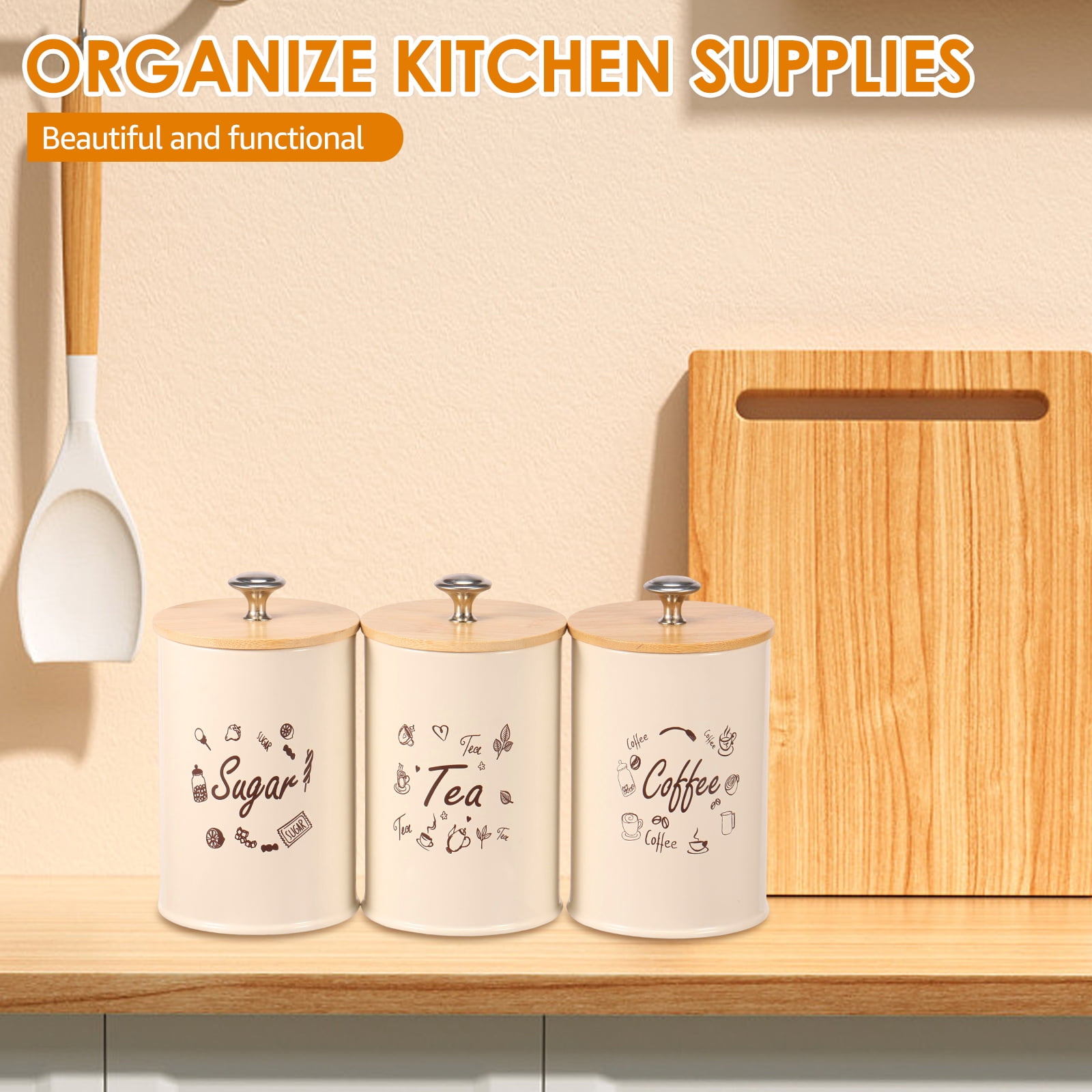 FUYGRCJ 3PCS Food Storage Canisters with Bamboo Lid, Airtight Iron Tea Sugar Coffee Canisters, Versatile Tea Coffee Sugar Canister Set, Smooth Coffee Tea Sugar Container Set for Coffee Sugar Tea