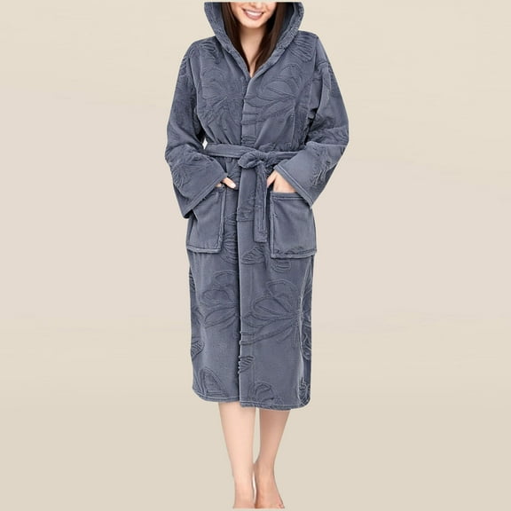FDGIU Women's Plush Bathrobe with Hood & Pockets, Long Fluffy Fleece Robe for Women, Cozy Warm Hooded Sleepwear Loungewear