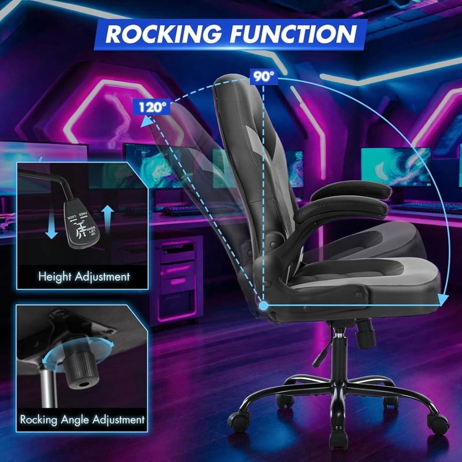 Beddle Gaming Office Chair, Ergonomic PU Leather High Back Swivel Computer Desk Chair with Flip-up Arms, Lumbar Support, Black Gray