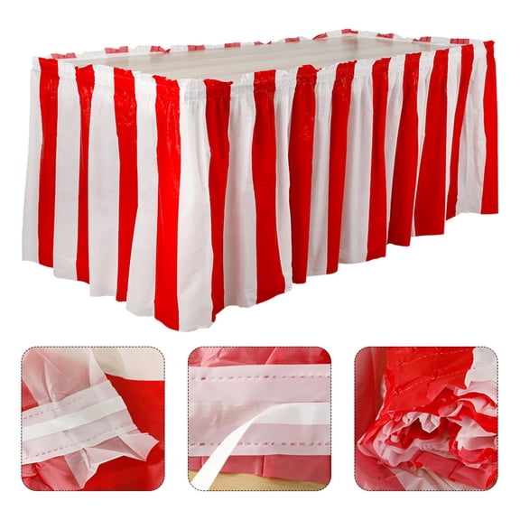 Red and White Stripe Table Skirt, Carnival Theme Waterproof Outdoor Table Skirt for Rectangular Tables, Circus Themed Table Decoration for Party, Home, Event
