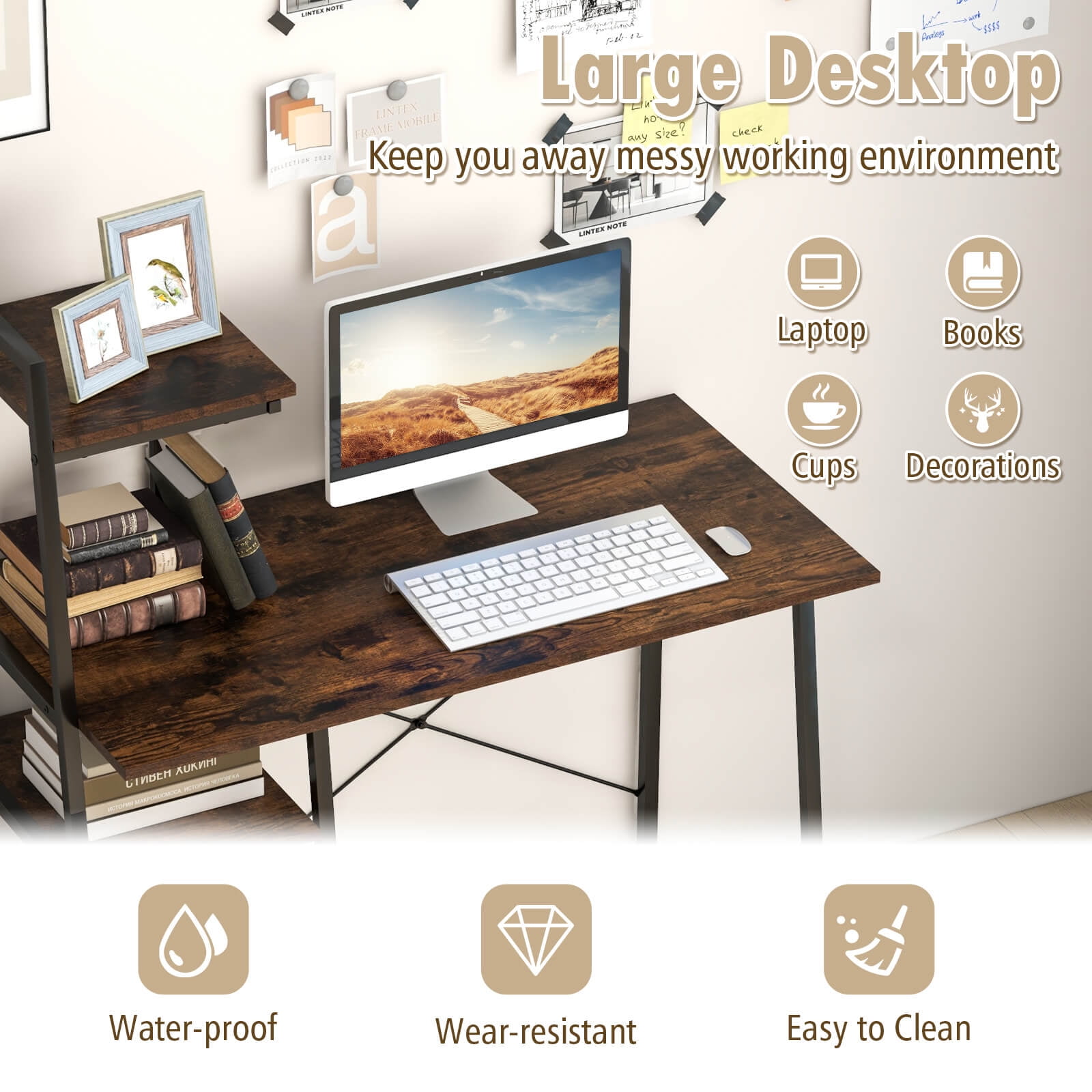 Costway Modern Computer Desk with 3-tier Storage Shelf CPU Stand Metal Frame for Bedroom
