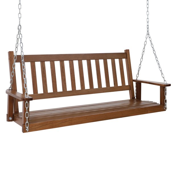 Veikous 3 Seat Outdoor Hanging Porch Swing Bench with Chains, Natural