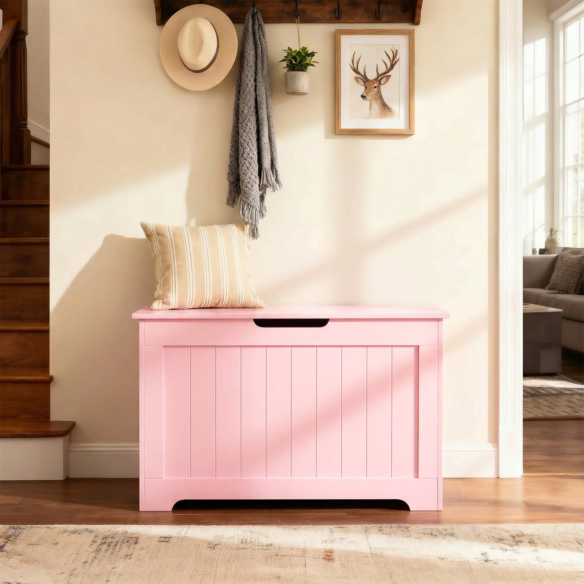 SuperDeal 30-Inch Lift Top Storage Chest Wooden Home Organizer Bench with Safety Hinged Lid Large MDF Toy Box Entryway Bedroom Living Room, Pink