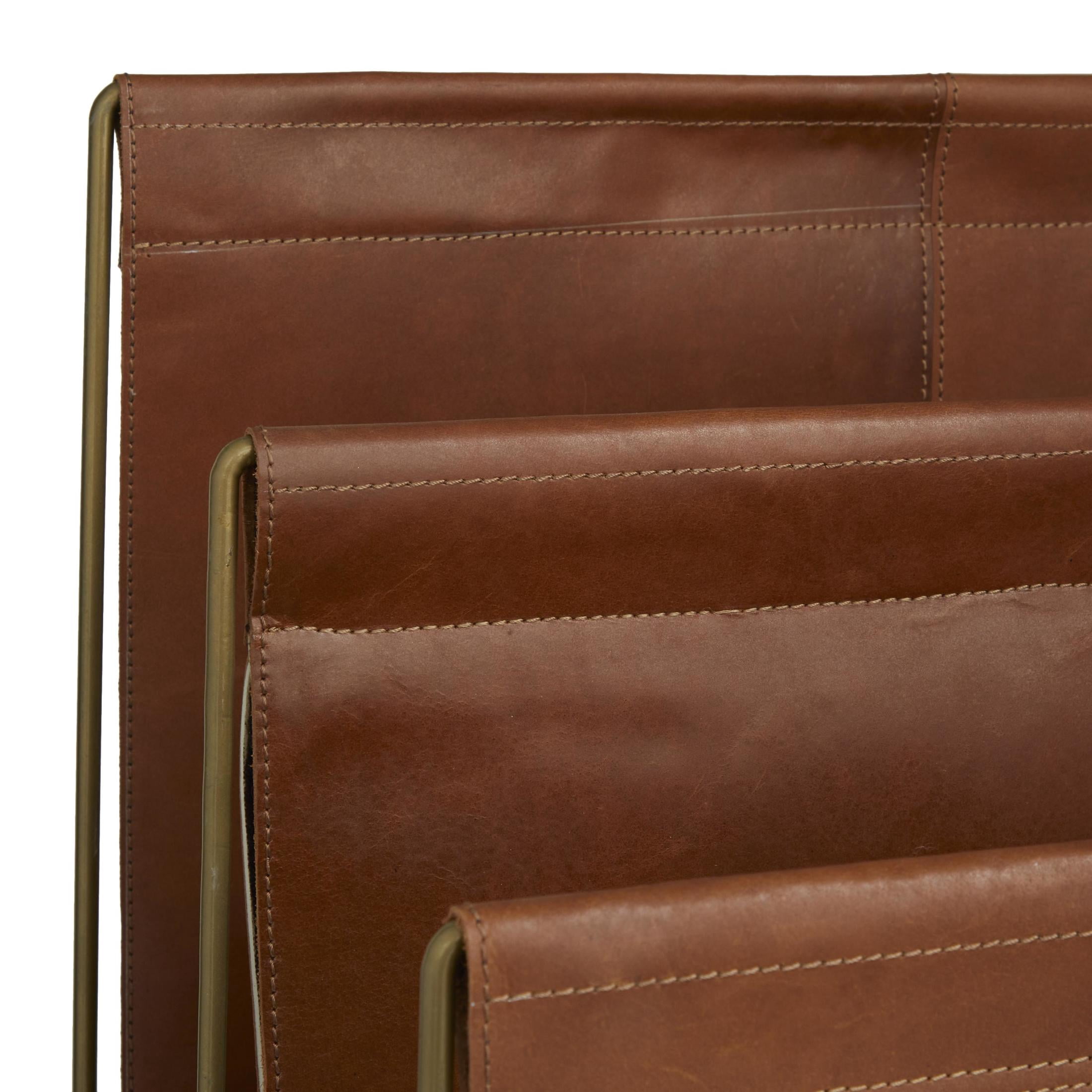 DecMode 22" Brown Leather 3 Slot Magazine Holder with Metal Stand