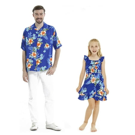 

Matching Hawaiian Luau Outfit Men Shirt Girl Wrap Dress in Hibiscus