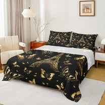 jejeloiu Gold Butterfly Twin Sheet Sets,Romantic Paris Twin Fitted Sheet,Eiffel Tower Pattern Flat Sheet For Kids,Ultra Soft Home Decor,3-Piece