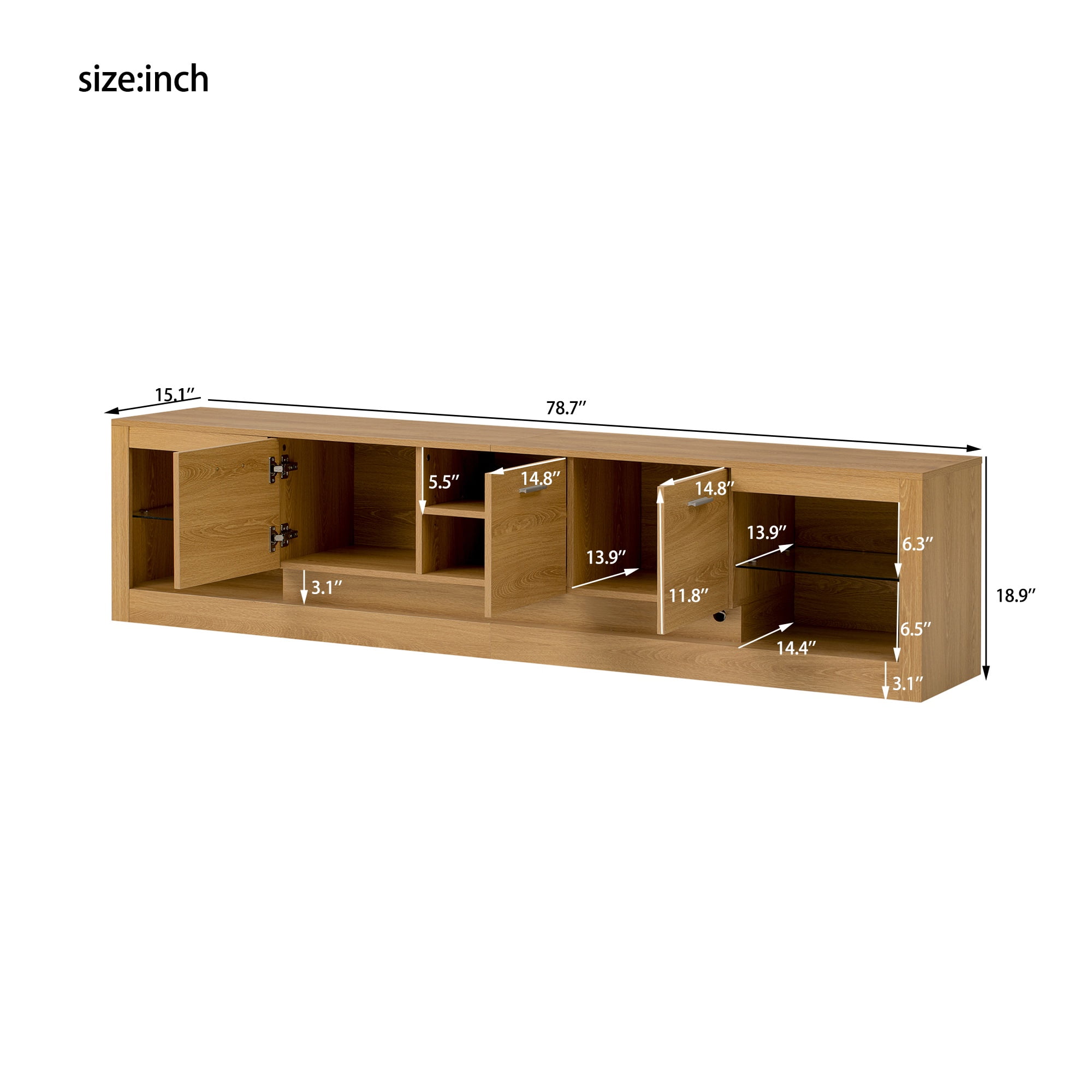 PORKISS LED TV Stand for up to 85" TVs, 78.7" Large Entertainment Center Console Table Open Shelf with 4 Storage Cabinets, Natural Wood