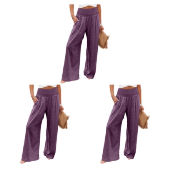 Sonducket Señoras Verano Primavera Pantalones Color sólido Suelto Casual Pierna ancha Cintura alta Elástico Vintage Salón de moda Púrpura L Type1 NO1