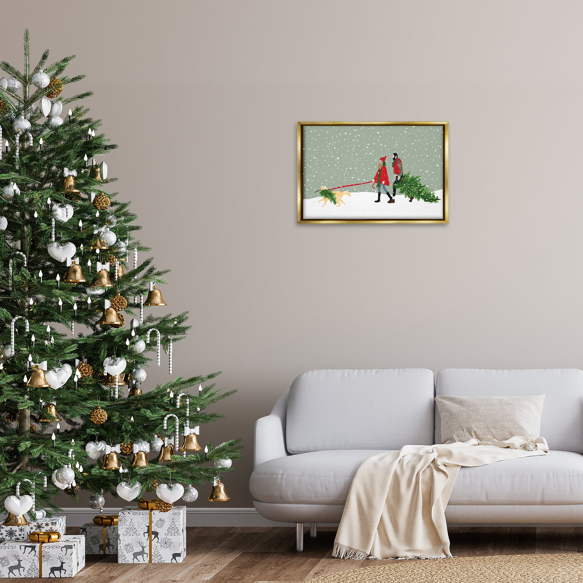Stupell Industries Couple with Christmas Tree Holiday Painting Gold Floater Framed Canvas Art Prints Wall Art, 25 x 17