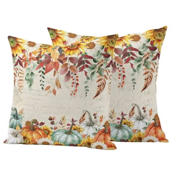 Thanksgiving Outdoor Waterproof Pillow Covers, Fall Orange Green Pumpkin Sunflower Leaf Decorative Square Throw Pillowcase Sofa Cushion Sham for Patio/Couch/Chair, 24"x24" 2 Pack