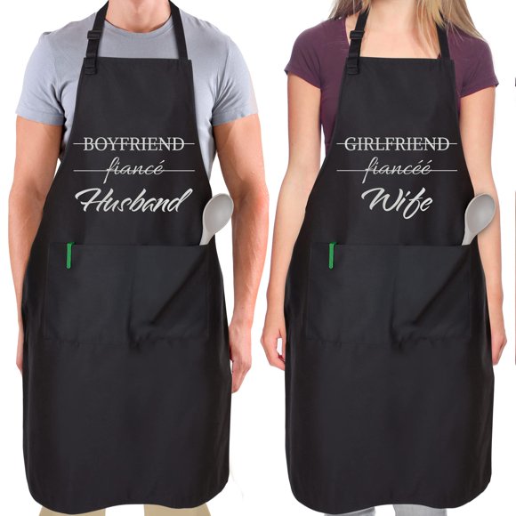 Zulay (2-Pack) Funny Aprons For Women, Men & Couples - Adjustable Universal Fit Cooking Apron - Black Apron With Pockets For BBQ, Baking, Painting, Wedding Gift & More - (Husband & Wife)