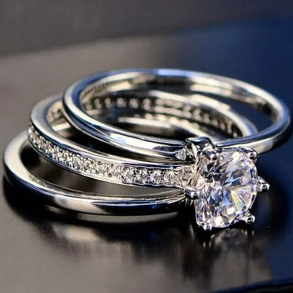 2.2 Ct Round Cut Lab-Created Diamond Wedding Trio Ring Set 14k White Gold Plated 925 Sterling Silver