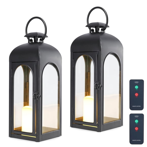 Bdor 2 Pack 16 Inches Metal and Tempered Glass Decorative Lantern with Electronic Wax Effect - Indoor/Outdoor Decorative Lighting, Handcrafted Aesthe