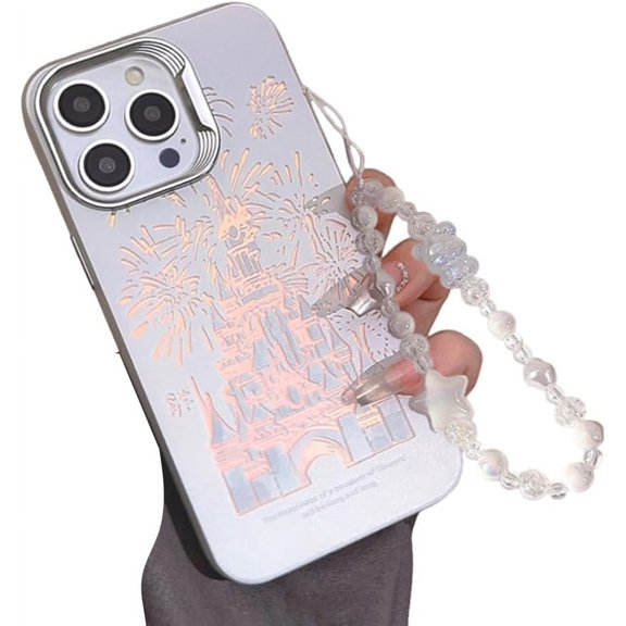 Compatible with iPhone Case,Cute Laser Glitter Bling Sparkly Castle Wristband Strap Bracelet Chain[Military Drop & Full Body Protection] Shockproof Cover Phone Case (Silver,iPhone 14 Pro)