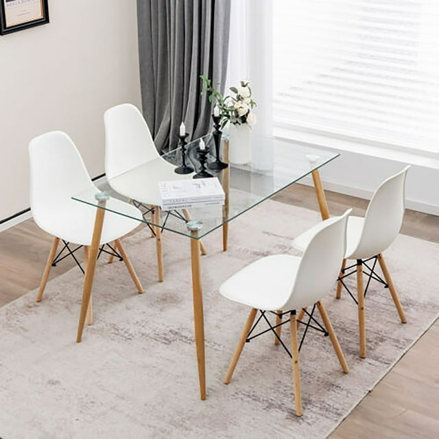 Gymax 5 Pieces Dining Table Set for 4 Rectangle Glass Table & 4 Modern Chairs for Home