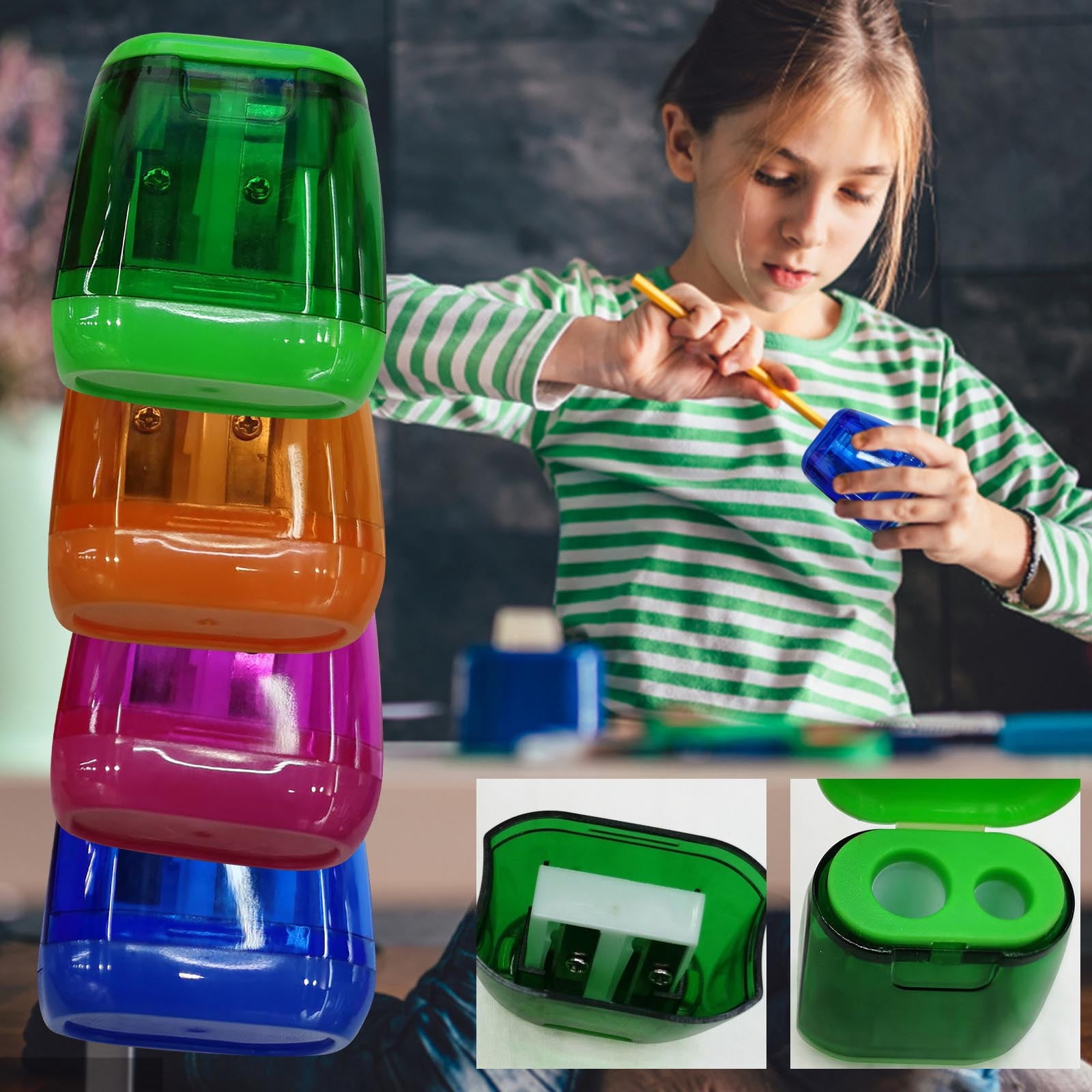 Mr. Pen 4 Pack Pencil Sharpeners - Dual Hole For Standard & Jumbo Pencils, Stainless Steel Blade, Snap-on Lid