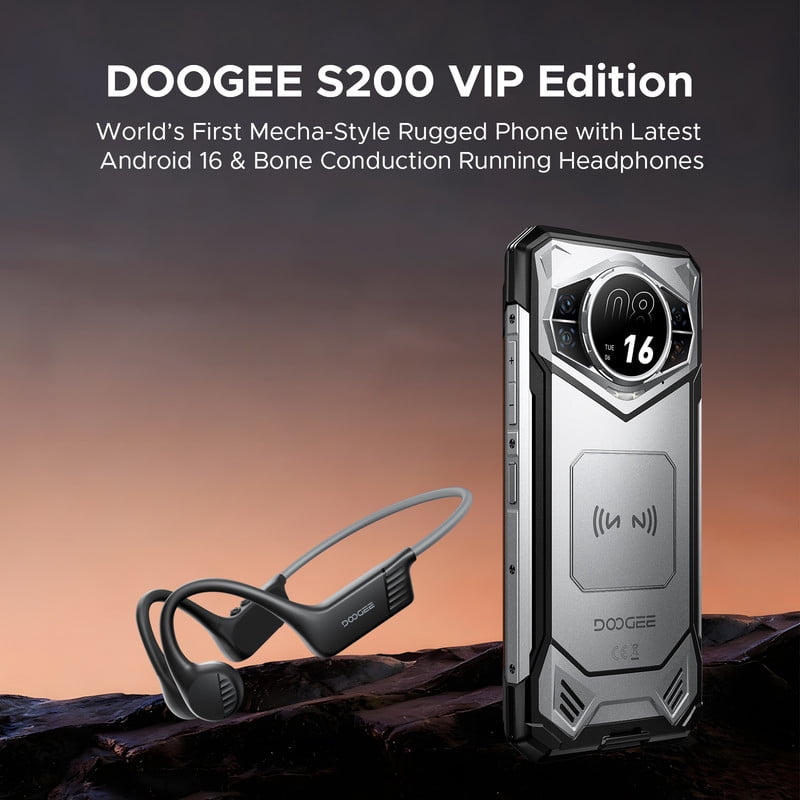 DOOGEE S200 Rugged Phone Unlocked with BoneBeat Run Earphones, 5G, Android 16, 48GB+256GB/2TB, 10100mAh, 6.72"FHD + 120 Hz Display with 1.32" Rear Screen, IP68/IP69K/NFC/Fingerprint/GPS