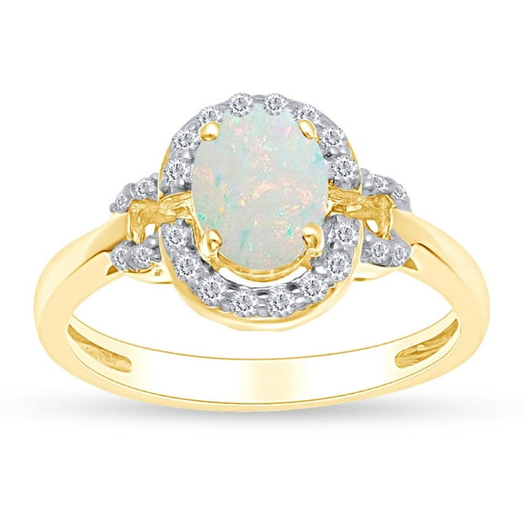 Oval Cut Lab Created Opal Gemstone And Simulated White Sapphire Halo Solitaire Engagement Ring In 14k Yellow Gold Over Sterling Silver