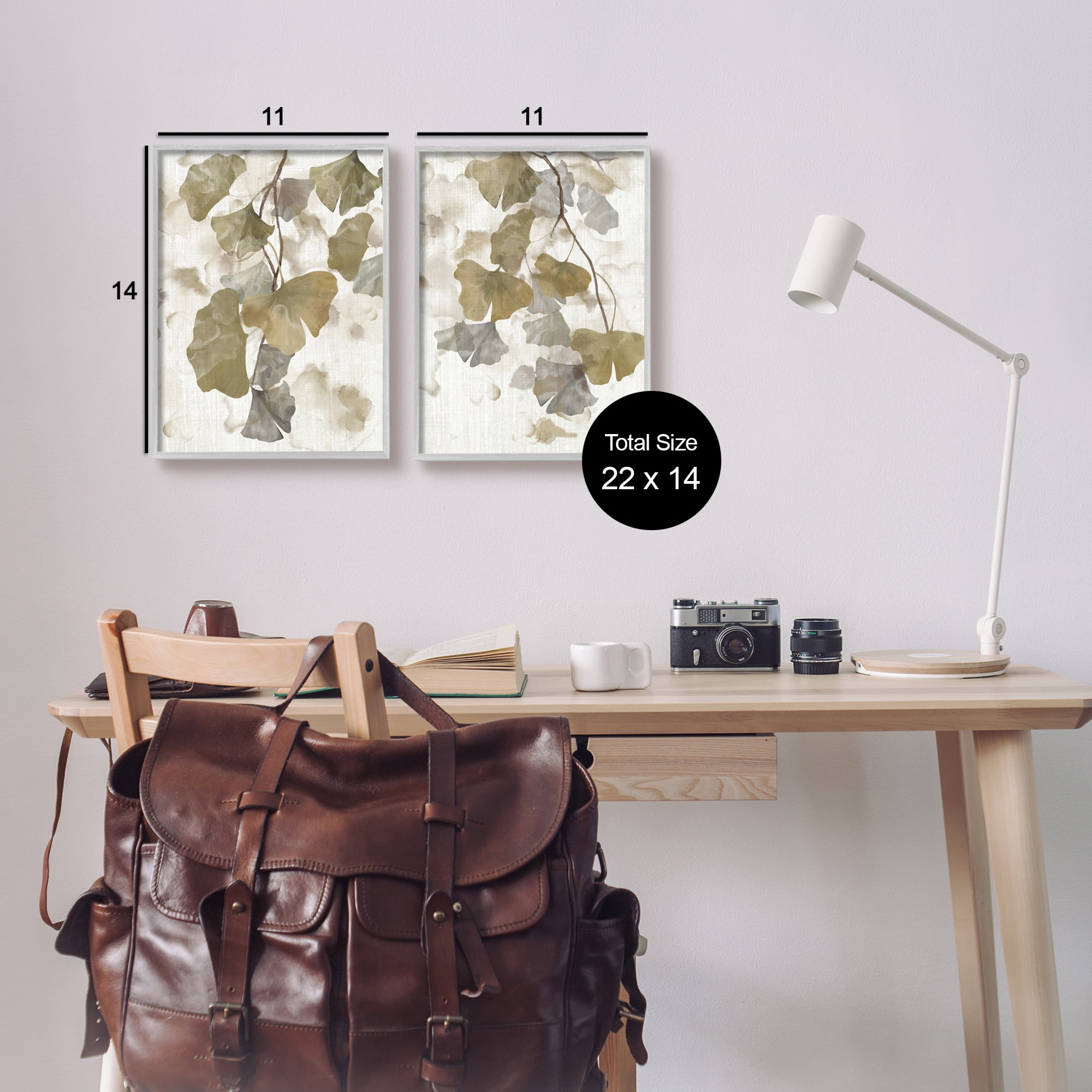 Stupell Industries Rustic Gingko Leaves Botanical & Floral Painting Gray Framed Art Print Wall Art, 11 x 14, Set of 2