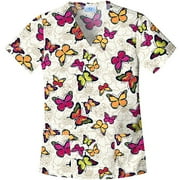 Shaped V-Neck Outlined Butterflies Print Scrub Top