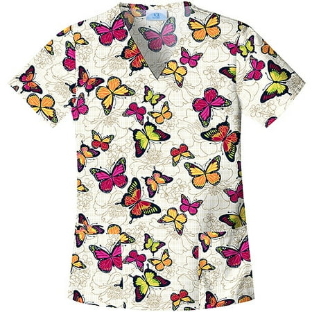 Shaped V-Neck Outlined Butterflies Print Scrub Top