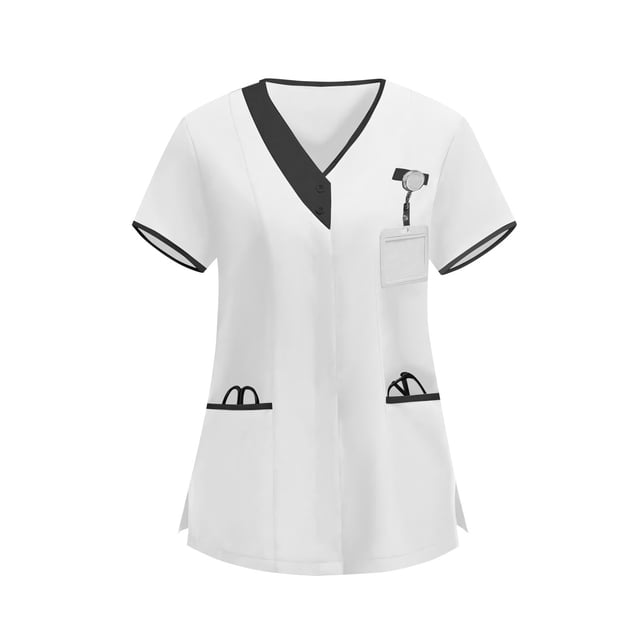 Blusas médicas para mujer, modernas, con bloques de color, de manga corta, informales, con cuello en V y botones, con bolsillos