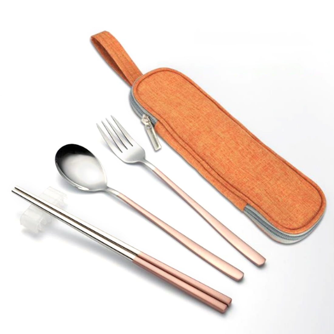 4Pcs Portable Camping Eating Utensils Travel Cutlery Kit With Cloth Bag Rose Gold