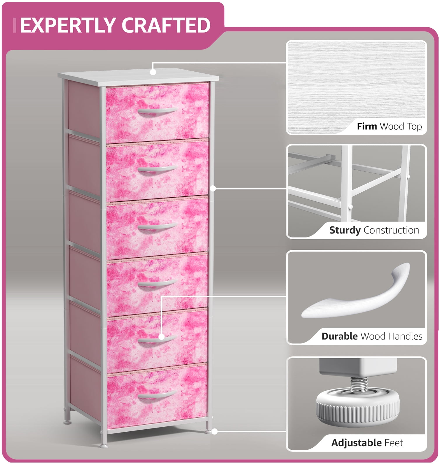 Sorbus 6-Drawer Dresser – Tie-Dye Pink Fabric Storage Tower for Kids Bedroom, Nursery, Closet