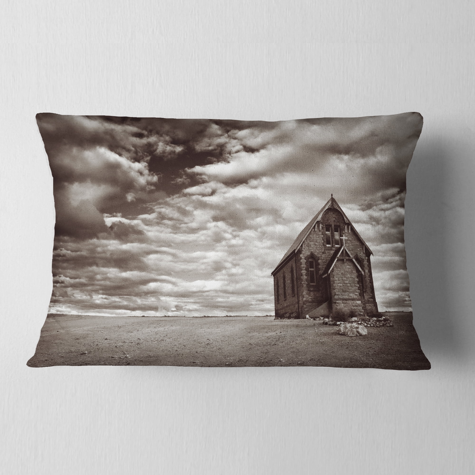 Designart Abandoned Desert Church - Landscape Printed Throw Pillow - 12x20