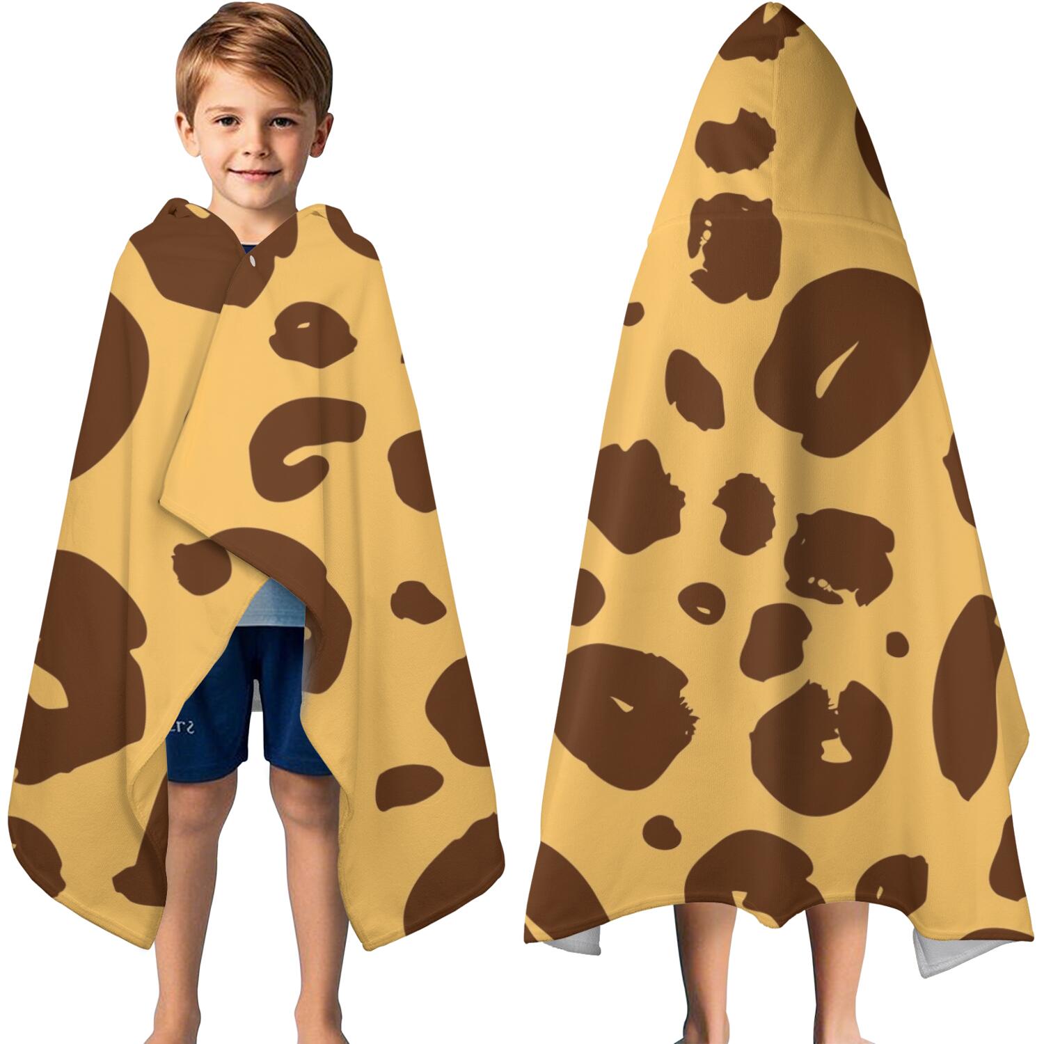 Yellow and Brown Of Leopard Print Hooded Bath Towel，60"x35" for Ages 3 To 12 Kids, Quick Dry Lightweight Soft Microfiber Hood Beach Towel Cover Up for Kids
