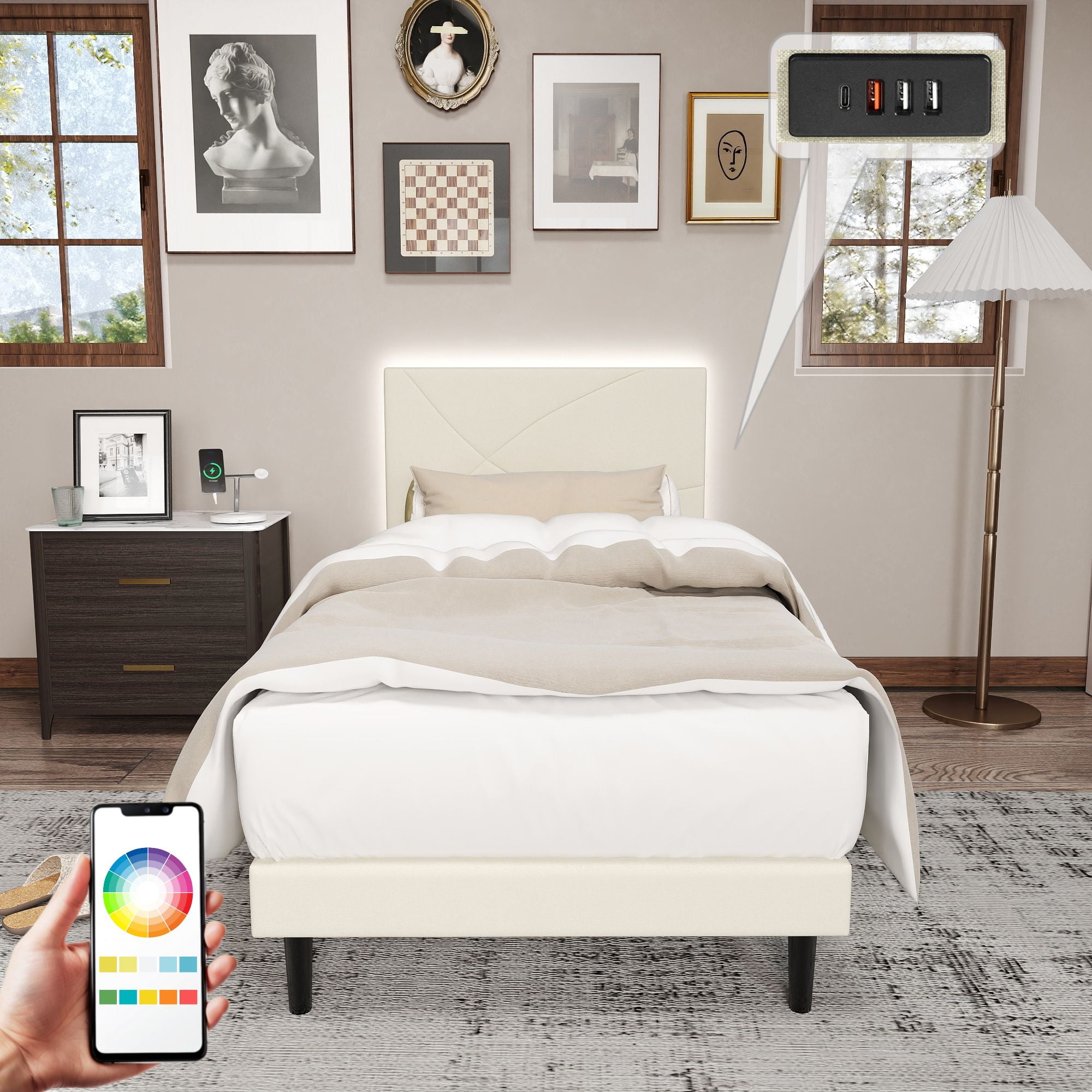 Homy Casa Upholstered Twin Bed with Tech Charging and LED Lights, Modern Headboard, Beige
