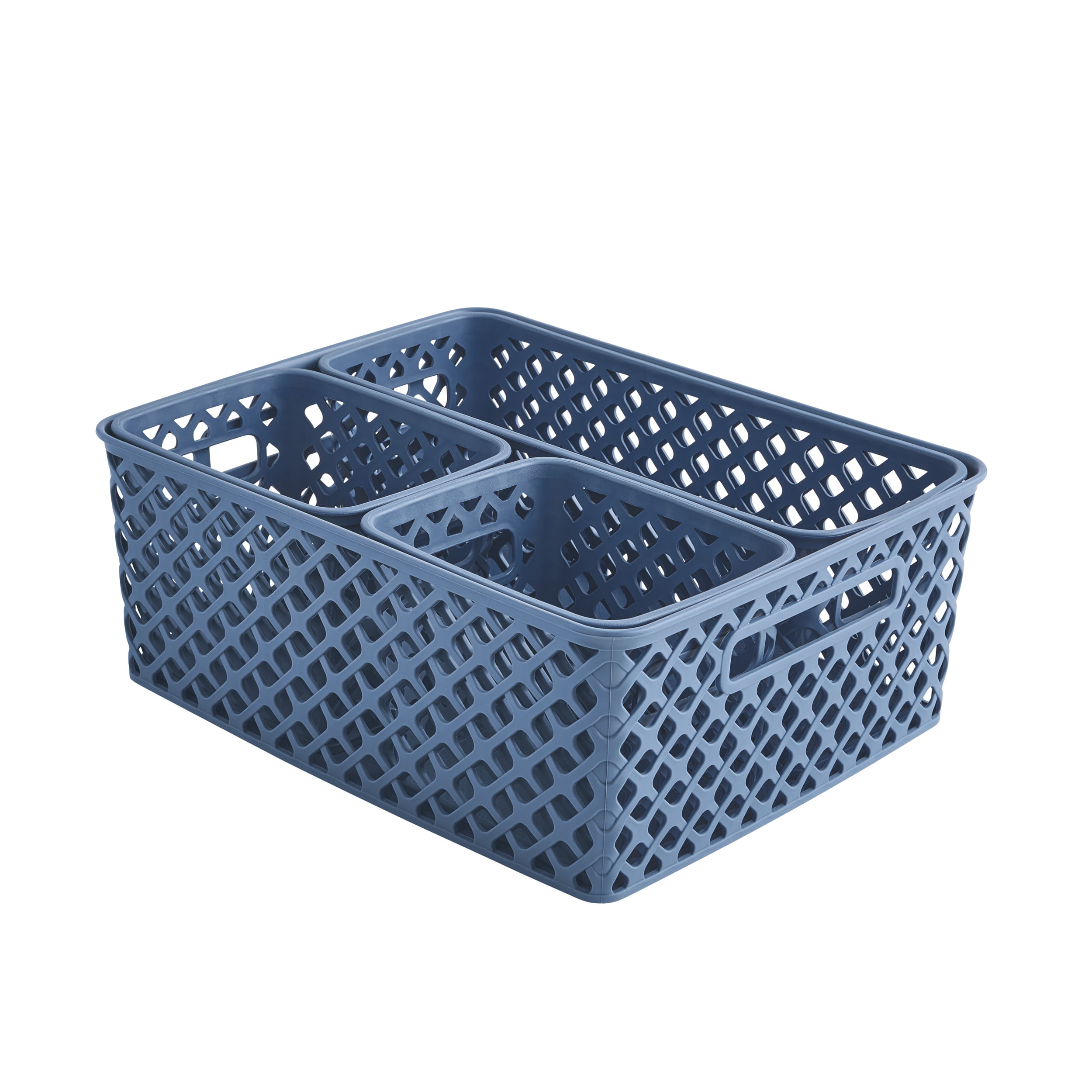 (2 pack) Mainstays 4-Piece Blue Decorative Plastic Storage Basket Set, 14 in x 11.6 in x 5.3 in