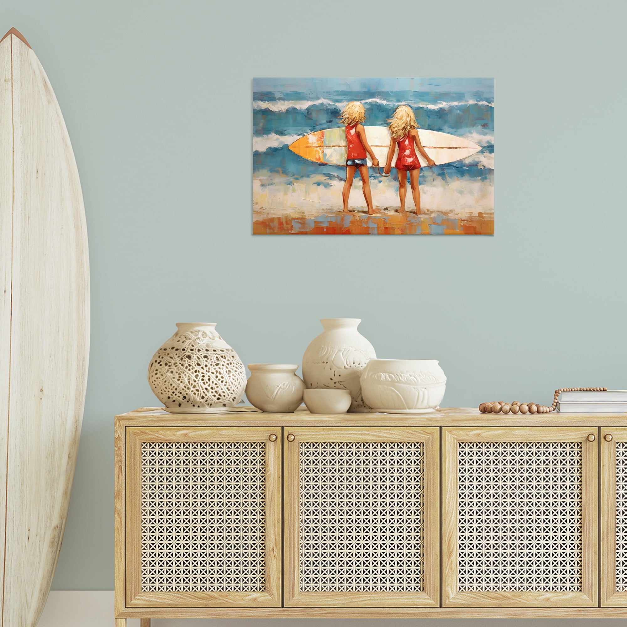 Stupell Industries Siblings with Surfboard People Painting Wrapped Canvas Art Print Wall Art, 30 x 20