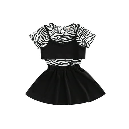 

Kids Girls Skirt Suit Summer Zebra Print Short-sleeved T-shirt + Suspenders Vest + Skirt Outfits