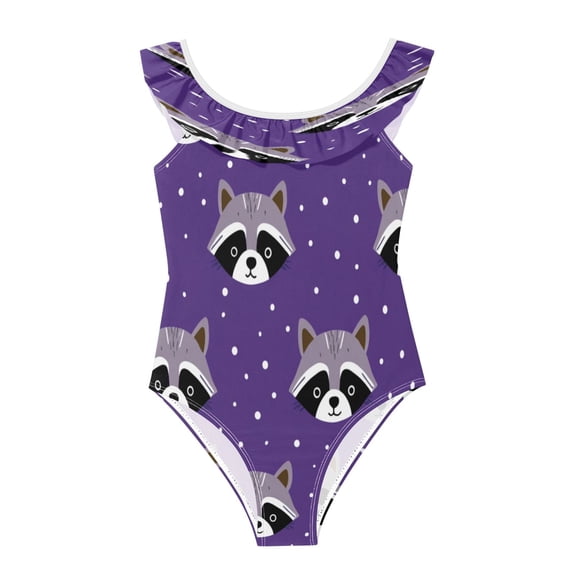 Girls Ruffle One-Piece Swimsuit Girls' One-Piece Swimwear Printed Kids Bathing Suit Soft Stretchy Swimwear for Beach Pool Raccoon Face 3Years