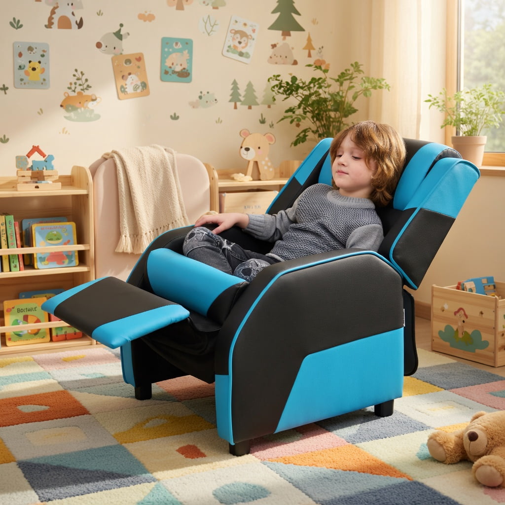 Barara King Kids PU Leather Recliner Chair with Headrest and Footrest, Kids Gaming Sofa Recliner Chair for Living Room, Bedroom, Blue