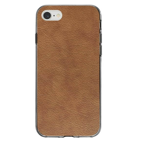 DistinctInk Clear Shockproof Hybrid Case for iPhone 7 8 SE (2020 Model) 4.7" Screen TPU Bumper Acrylic Back Tempered Glass Screen Protector - Dark Brown Faux Leather Print Design - Faux Leather Image