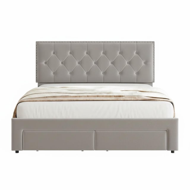 Vintage Upholstered Platform Bed Frame with Storage Drawers - Button Tufted Wingback Headboard, Noise-Free, No Box Spring Required