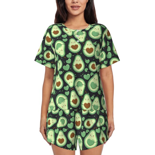 Fotbe Avocado Heart Conjunto de Pijama Estampado para Mujer, 2 Piezas, Ropa de Dormir con Camiseta de Manga Corta y Shorts Suaves-Large