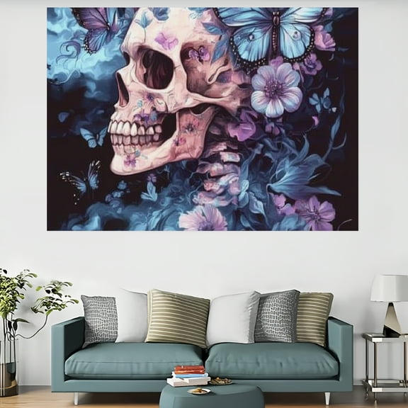 ZFLMY Skull Butterfly Flowers Wall Art Tapestry 100% Polyester Wall Hanging Decorative Bedroom Living Room Decoration 60x40in