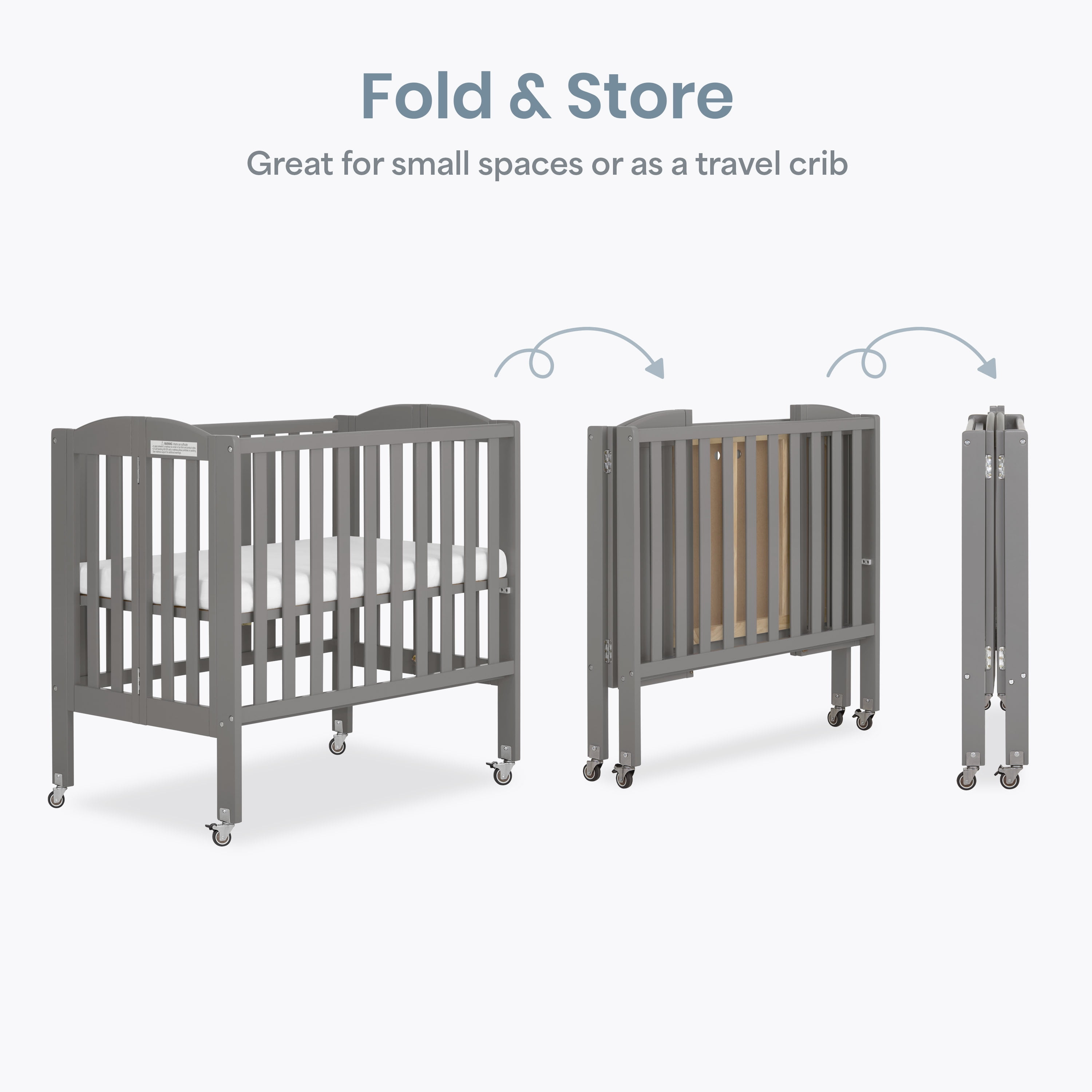 Dream On Me 2-in-1 Folding Portable Mini Crib in Storm Grey, Mattress Pad Included, Easy to Fold and Store Baby Crib, Two Adjustable Mattress Height positions Convertible Crib