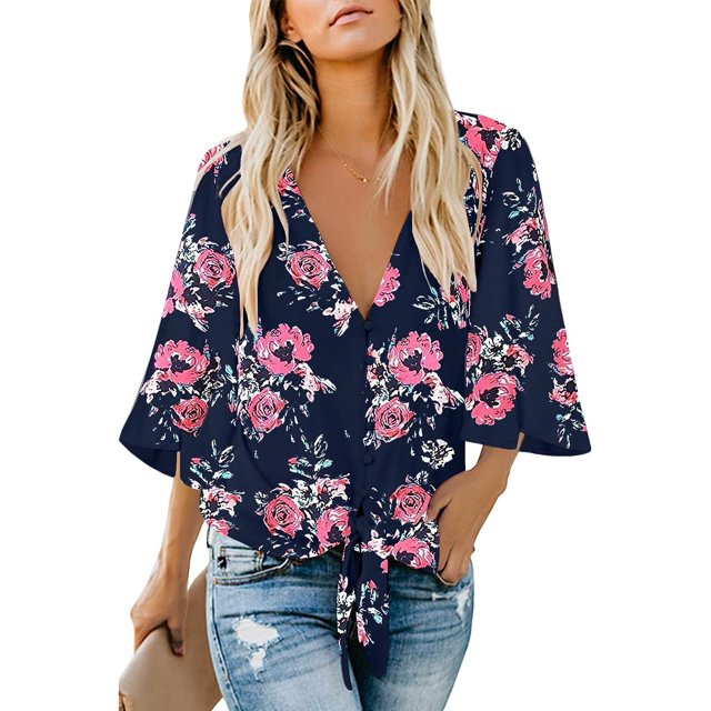 Blusas con cuello en V y volantes, mangas 3/4, nudo anudado, camisas con botones para mujer