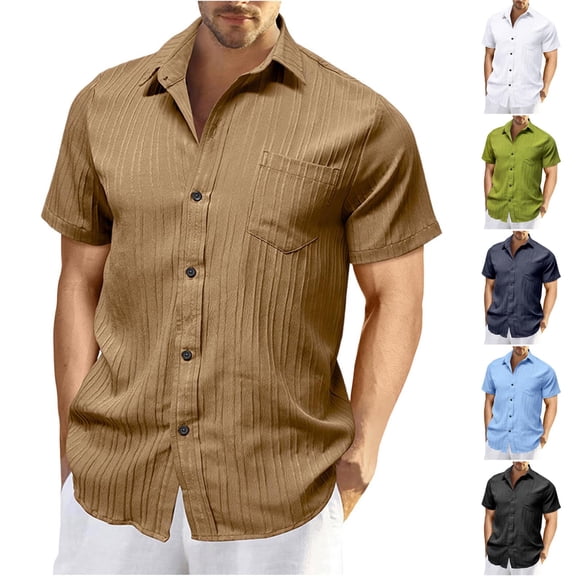 Einccm Men's Short Sleeve Button Up Shirt, Casual Solid Color Lapel Pocket Shirt, Breathable Lightweight Polyester Top for Daily Wear, Work, Outdoor, Relaxed Fit Classic Design