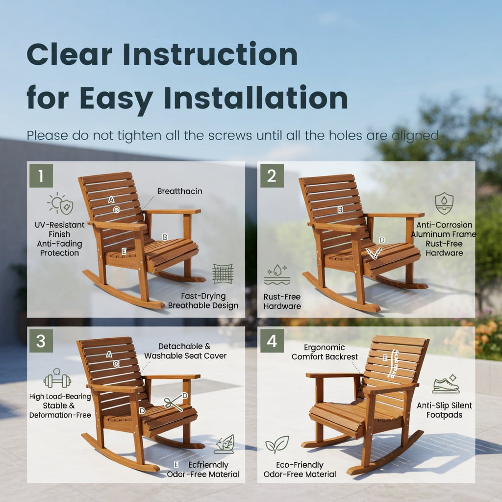 Hommoo Fir Wood Outdoor Rocking Chair with High Backrest, for Porch & Patio Seating, Brown
