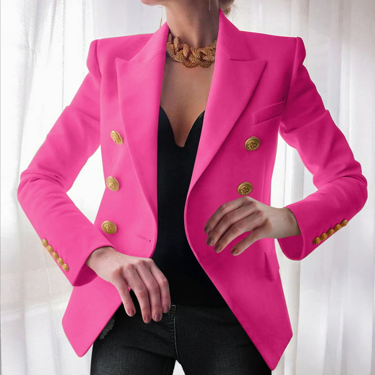Ploknplq Women's Blazer Elegant Business Office Work Lady Solid Button Suit  Jacket Coat Outwear Hot Pink XXL
