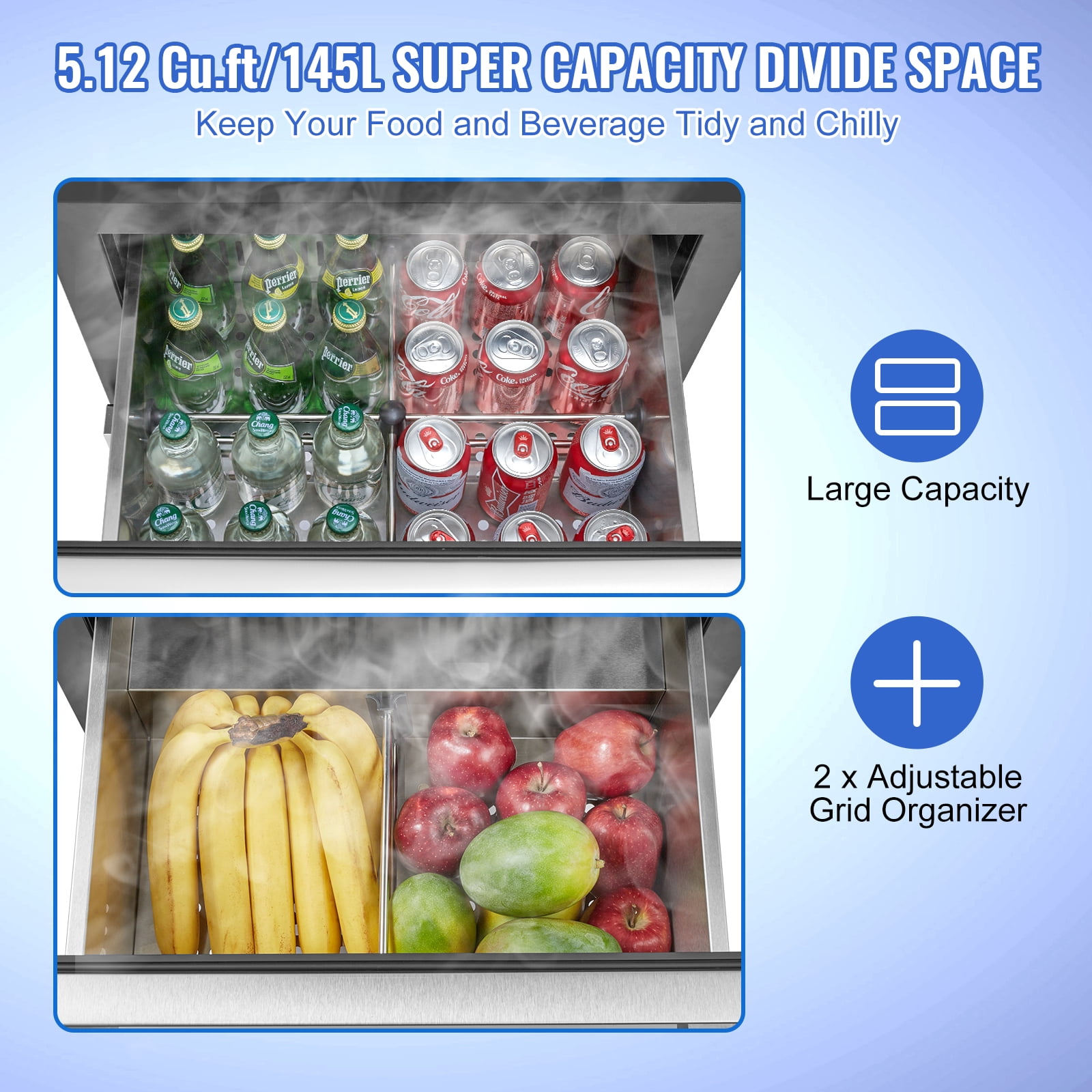 BENTISM Dual Drawer Refrigerator, Stainless Steel, 5.12 cu ft